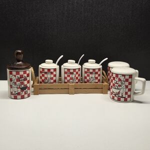 Vintage BBQ Salt & Pepper Shaker & Condiments Retro Red And White Checker Board.
